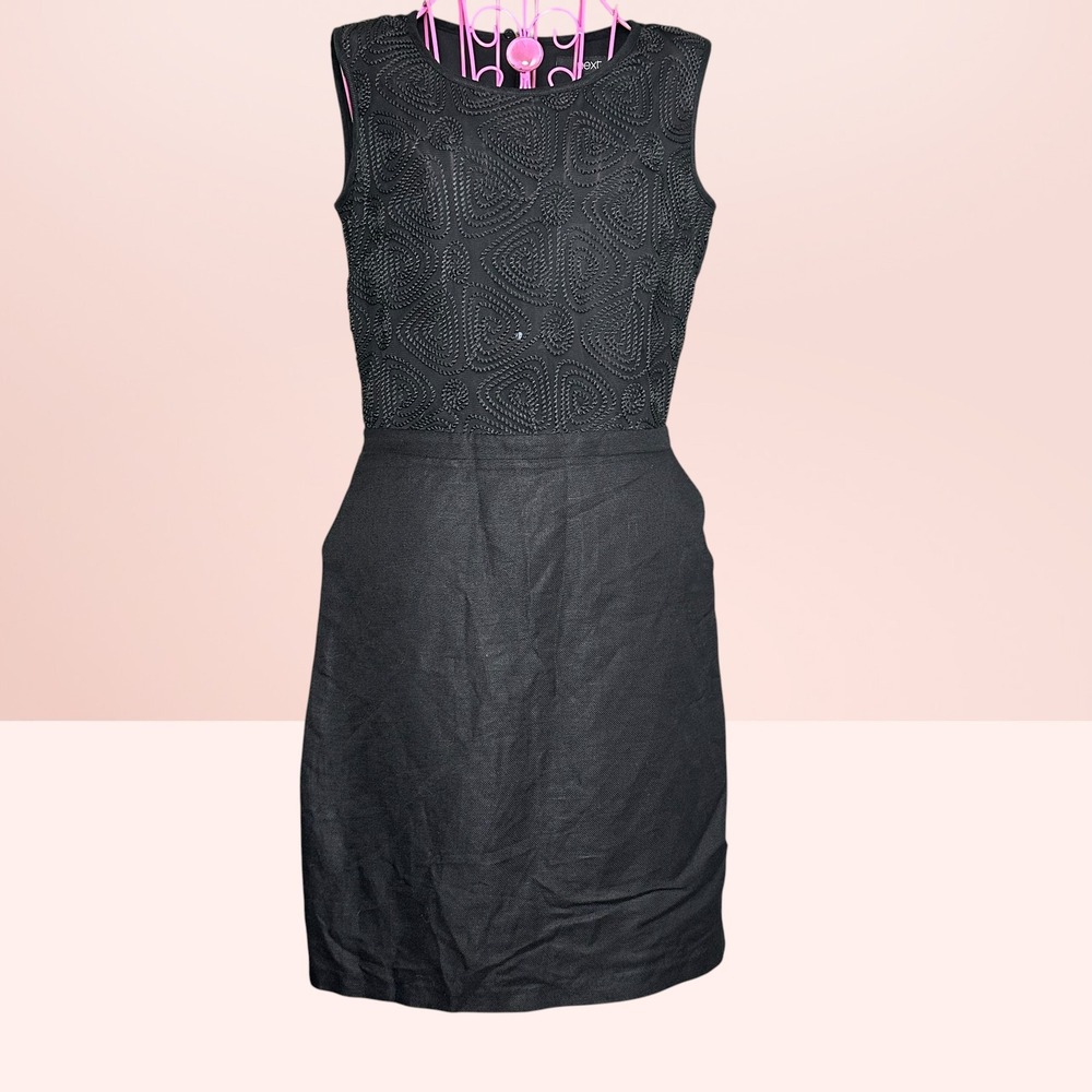 Next Black Soutache Embroidered Linen Blend Sheath Dress Tailored Size 8 Black